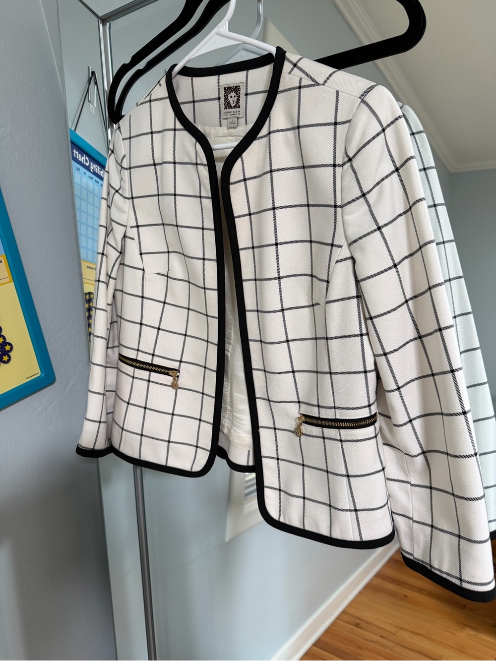 Anne Klein White Windowpane Blazer with Black Trim